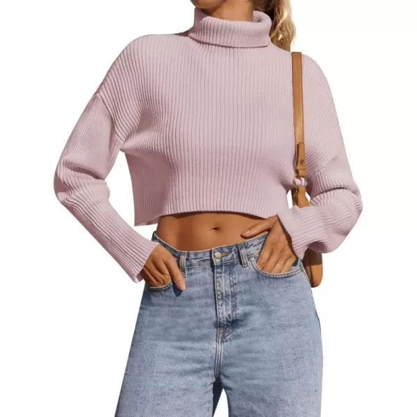 imageZESICA Womens Cropped Turtleneck Sweaters 2023 Fall Long Sleeve Ribbed Knit Oversized Casual Pullover Sweater TopsPink