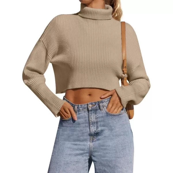 imageZESICA Womens Cropped Turtleneck Sweaters 2023 Fall Long Sleeve Ribbed Knit Oversized Casual Pullover Sweater TopsTan