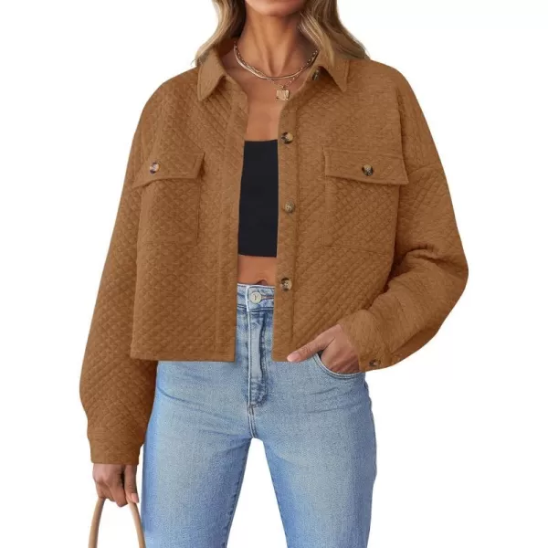 imageZESICA Womens Fall Casual Shacket Jackets 2023 Long Sleeve Button Down Lightweight Cropped Shirt Outerwear Coat with PocketsTan