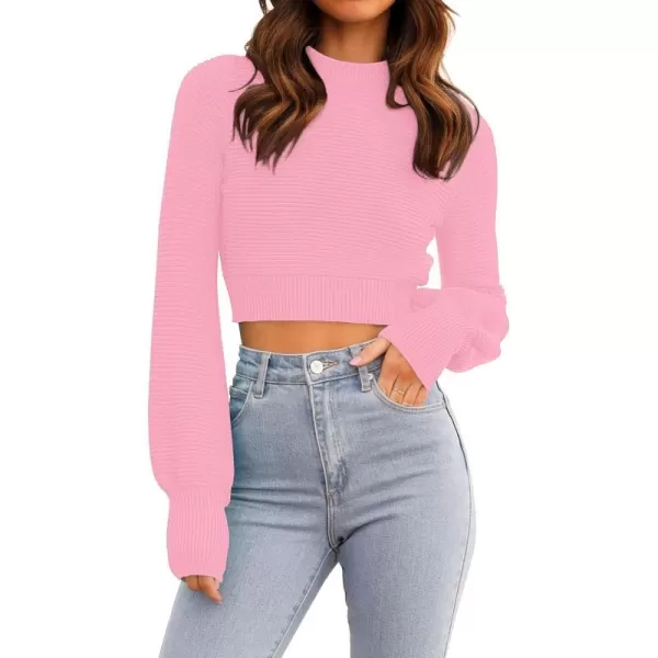 imageZESICA Womens Fall Mock Neck Cropped Sweater 2023 Long Sleeve Soft Ribbed Knit Pullover Jumper TopsHotpink