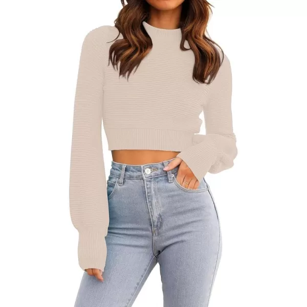 imageZESICA Womens Fall Mock Neck Cropped Sweater 2023 Long Sleeve Soft Ribbed Knit Pullover Jumper TopsSand