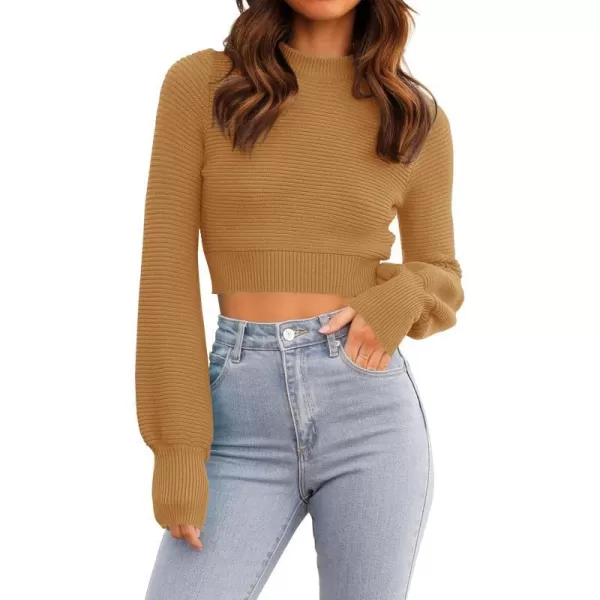 imageZESICA Womens Fall Mock Neck Cropped Sweater 2024 Long Sleeve Soft Ribbed Knit Pullover Jumper TopsCamel