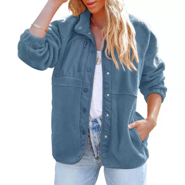 imageZESICA Womens Fall Winter Sherpa Fleece Jacket Casual Long Sleeve Button Down Fuzzy Shacket Outerwear CoatBlue