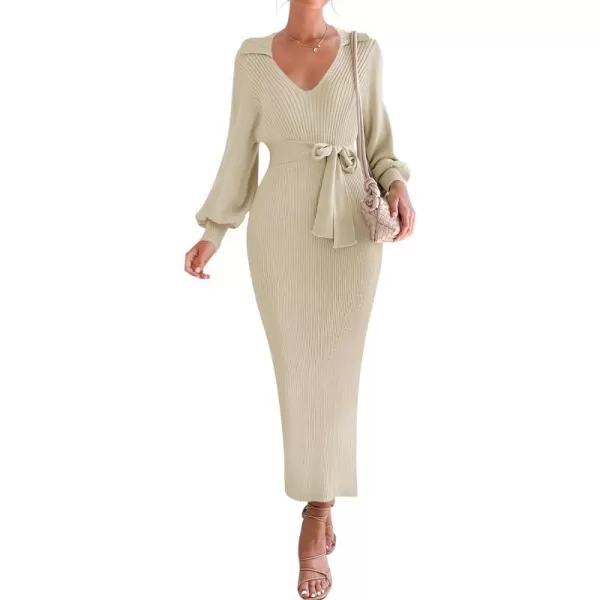 imageZESICA Womens Fall Winter Sweater Dress Long Sleeve Lapel V Neck Ribbed Knit Slim Fit Bodycon Midi Dresses with BeltAlmond