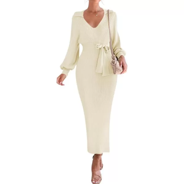 imageZESICA Womens Fall Winter Sweater Dress Long Sleeve Lapel V Neck Ribbed Knit Slim Fit Bodycon Midi Dresses with BeltApricot