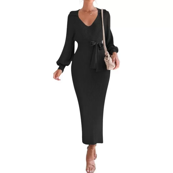 imageZESICA Womens Fall Winter Sweater Dress Long Sleeve Lapel V Neck Ribbed Knit Slim Fit Bodycon Midi Dresses with BeltBlack