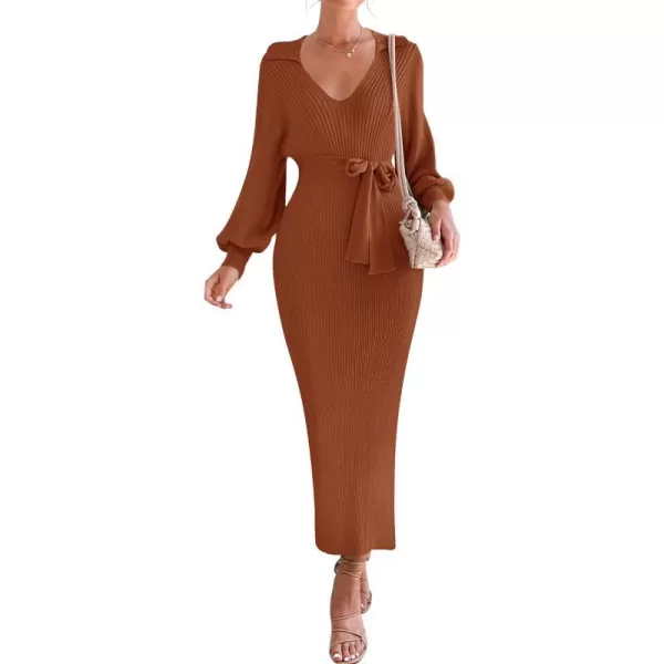 imageZESICA Womens Fall Winter Sweater Dress Long Sleeve Lapel V Neck Ribbed Knit Slim Fit Bodycon Midi Dresses with BeltRust