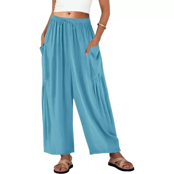 imageZESICA Womens Linen Wide Leg Pants High Waist Drawstring Casual Loose Flowy Palazzo Harem Trousers with PocketsLakeblue