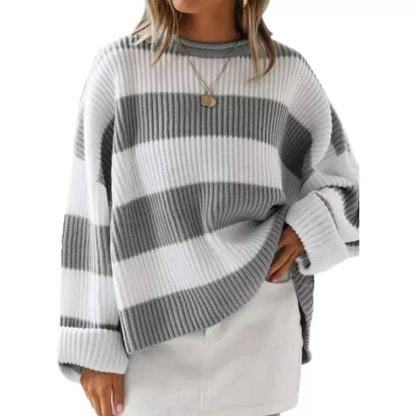 imageZESICA Womens Long Sleeve Crew Neck Striped Color Block Comfy Loose Oversized Knitted Pullover SweaterGrey