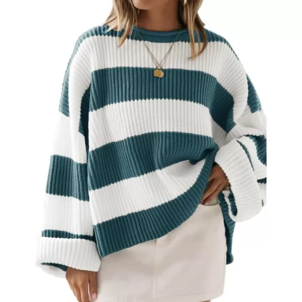 imageZESICA Womens Long Sleeve Crew Neck Striped Color Block Comfy Loose Oversized Knitted Pullover SweaterGreygreen