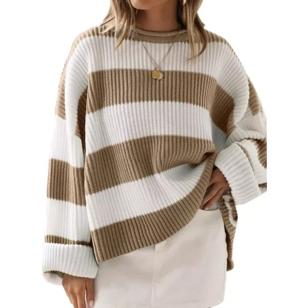imageZESICA Womens Long Sleeve Crew Neck Striped Color Block Comfy Loose Oversized Knitted Pullover SweaterLightkhaki