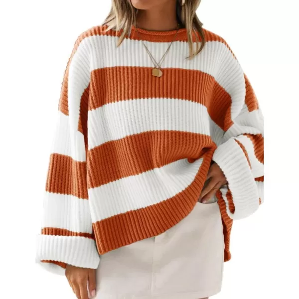 imageZESICA Womens Long Sleeve Crew Neck Striped Color Block Comfy Loose Oversized Knitted Pullover SweaterOrange