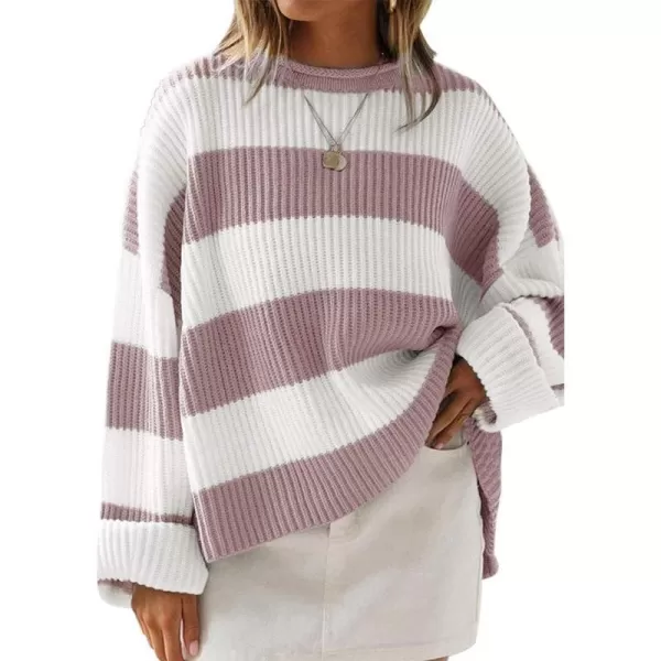 imageZESICA Womens Long Sleeve Crew Neck Striped Color Block Comfy Loose Oversized Knitted Pullover SweaterPink