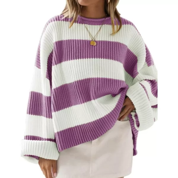 imageZESICA Womens Long Sleeve Crew Neck Striped Color Block Comfy Loose Oversized Knitted Pullover SweaterPurple