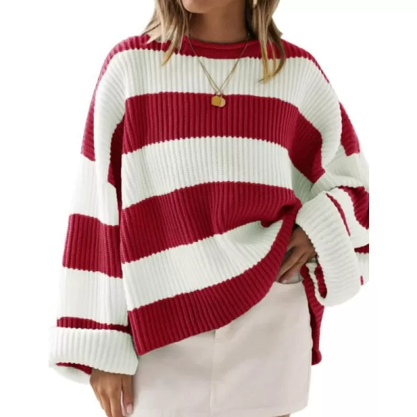 imageZESICA Womens Long Sleeve Crew Neck Striped Color Block Comfy Loose Oversized Knitted Pullover SweaterRed