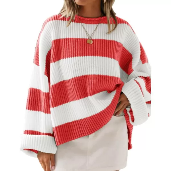 imageZESICA Womens Long Sleeve Crew Neck Striped Color Block Comfy Loose Oversized Knitted Pullover SweaterWatermelon