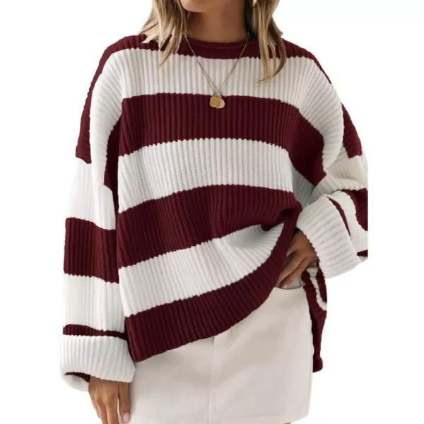imageZESICA Womens Long Sleeve Crew Neck Striped Color Block Comfy Loose Oversized Knitted Pullover SweaterWine
