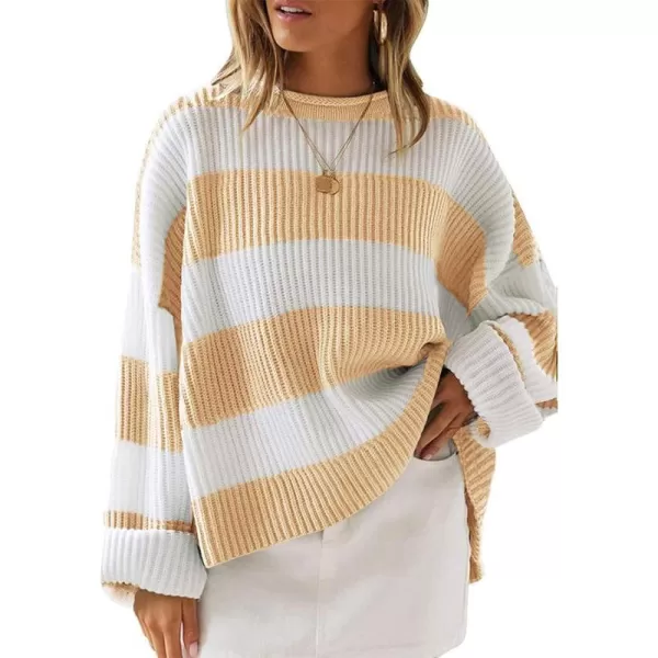 imageZESICA Womens Long Sleeve Crew Neck Striped Color Block Comfy Loose Oversized Knitted Pullover SweaterYellow
