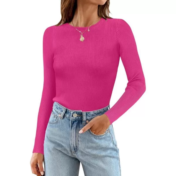 imageZESICA Womens Long Sleeve Crewneck Shirts 2023 Fall Clothes Ribbed Knit Sweater Slim Fitted Casual Basic Tee TopsRose