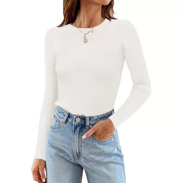 imageZESICA Womens Long Sleeve Crewneck Shirts 2023 Fall Clothes Ribbed Knit Sweater Slim Fitted Casual Basic Tee TopsWhite