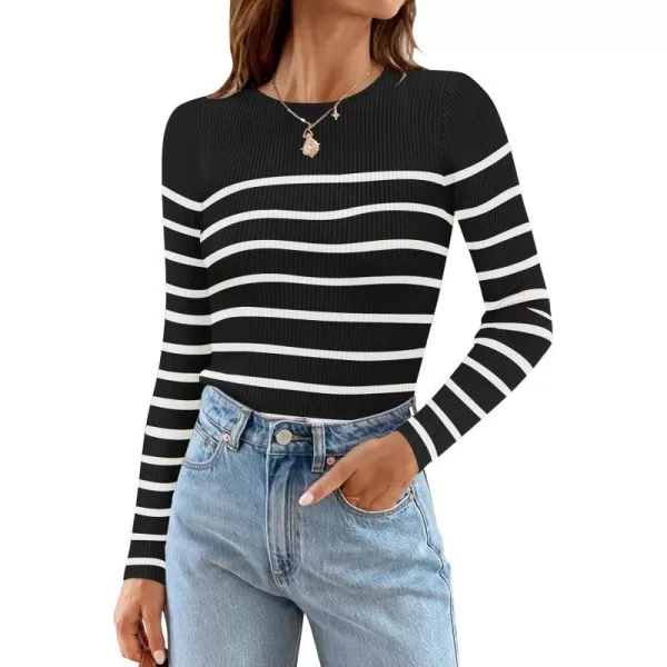 imageZESICA Womens Long Sleeve Crewneck Striped Shirts 2024 Spring Fall Ribbed Knit Sweater Slim Fitted Casual Basic Tee TopsBlack