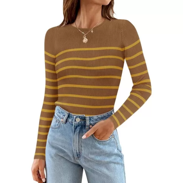 imageZESICA Womens Long Sleeve Crewneck Striped Shirts 2024 Spring Fall Ribbed Knit Sweater Slim Fitted Casual Basic Tee TopsBrown