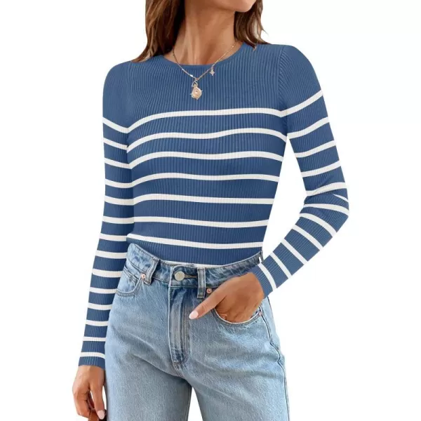 imageZESICA Womens Long Sleeve Crewneck Striped Shirts 2024 Spring Fall Ribbed Knit Sweater Slim Fitted Casual Basic Tee TopsDarkblue