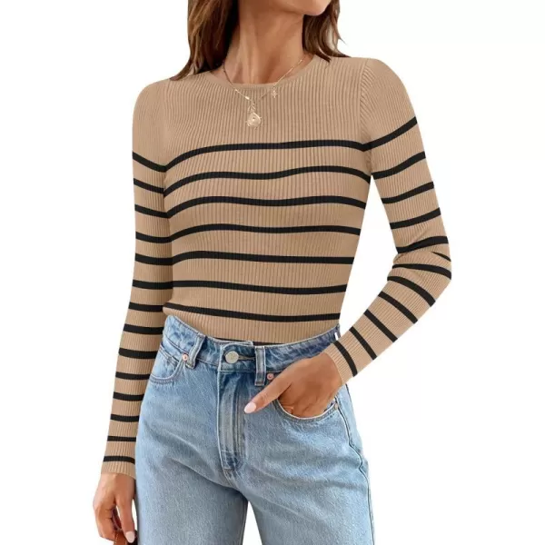 imageZESICA Womens Long Sleeve Crewneck Striped Shirts 2024 Spring Fall Ribbed Knit Sweater Slim Fitted Casual Basic Tee TopsKhaki