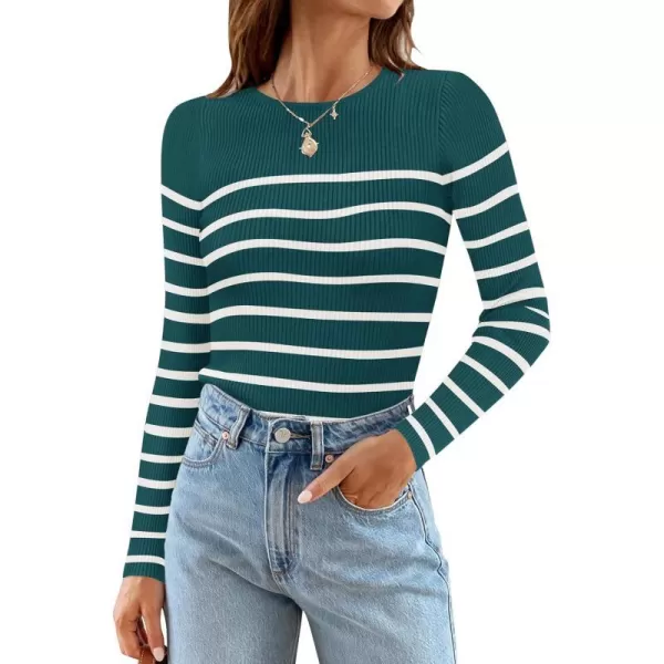 imageZESICA Womens Long Sleeve Crewneck Striped Shirts 2024 Spring Fall Ribbed Knit Sweater Slim Fitted Casual Basic Tee TopsTeal