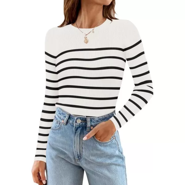 imageZESICA Womens Long Sleeve Crewneck Striped Shirts 2024 Spring Fall Ribbed Knit Sweater Slim Fitted Casual Basic Tee TopsWhite