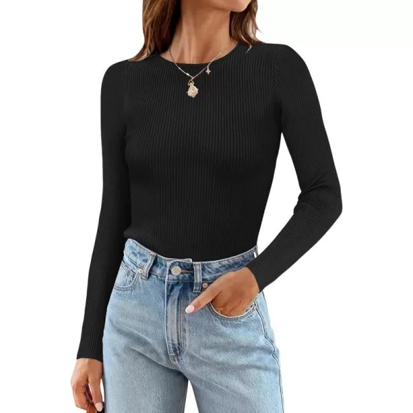imageZESICA Womens Long Sleeve Crewneck Tops 2024 Spring Fall Clothes Ribbed Knit Sweater Slim Fitted Casual Basic Tee ShirtsBlack
