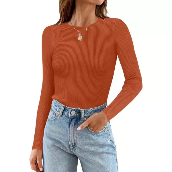 imageZESICA Womens Long Sleeve Crewneck Tops 2024 Spring Fall Clothes Ribbed Knit Sweater Slim Fitted Casual Basic Tee ShirtsCaramel