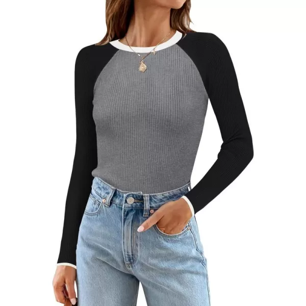 imageZESICA Womens Long Sleeve Crewneck Tops 2024 Spring Fall Clothes Ribbed Knit Sweater Slim Fitted Casual Basic Tee ShirtsCharcoal