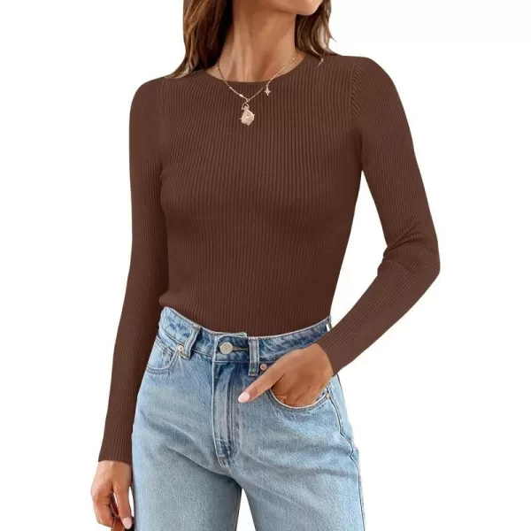 imageZESICA Womens Long Sleeve Crewneck Tops 2024 Spring Fall Clothes Ribbed Knit Sweater Slim Fitted Casual Basic Tee ShirtsCoffee