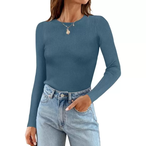 imageZESICA Womens Long Sleeve Crewneck Tops 2024 Spring Fall Clothes Ribbed Knit Sweater Slim Fitted Casual Basic Tee ShirtsDarkblue