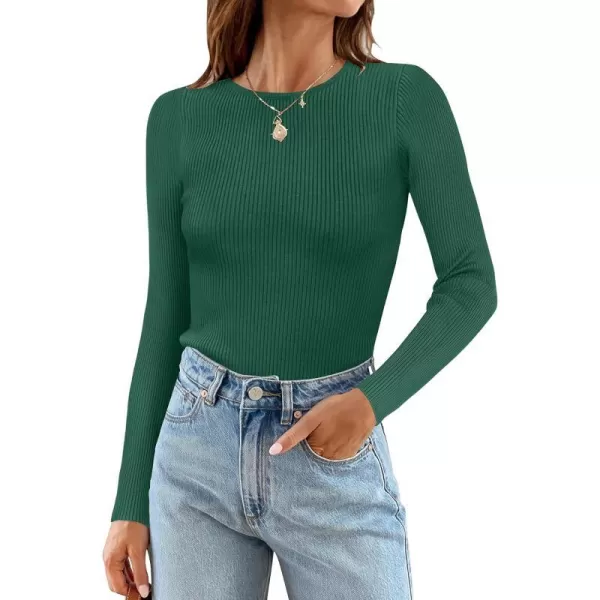 imageZESICA Womens Long Sleeve Crewneck Tops 2024 Spring Fall Clothes Ribbed Knit Sweater Slim Fitted Casual Basic Tee ShirtsDarkgreen