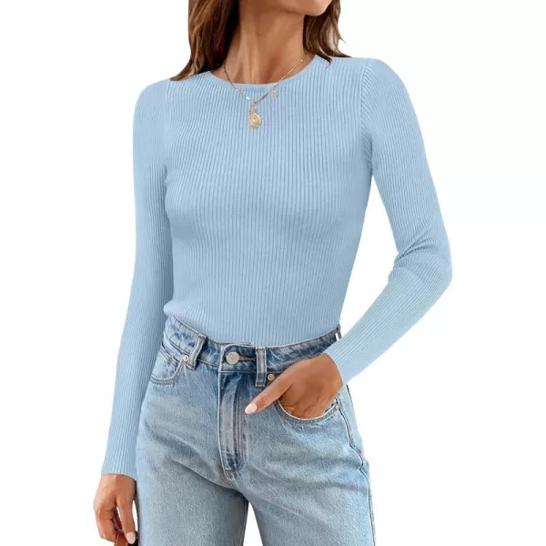 imageZESICA Womens Long Sleeve Crewneck Tops 2024 Spring Fall Clothes Ribbed Knit Sweater Slim Fitted Casual Basic Tee ShirtsSky
