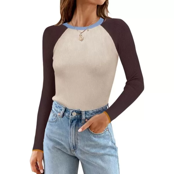 imageZESICA Womens Long Sleeve Crewneck Tops 2024 Spring Fall Clothes Ribbed Knit Sweater Slim Fitted Casual Basic Tee ShirtsTan