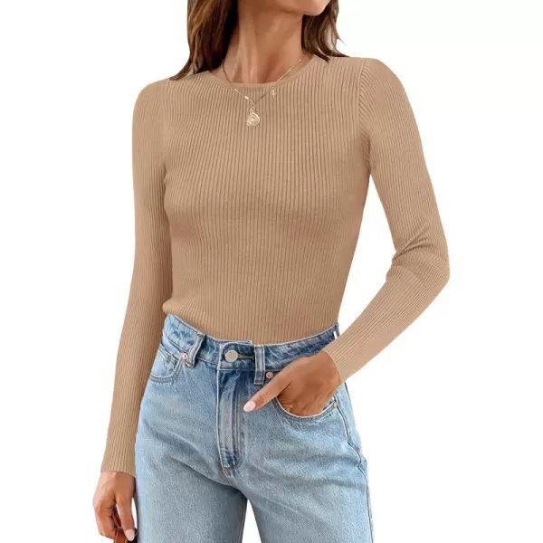 imageZESICA Womens Long Sleeve Crewneck Tops 2024 Spring Fall Clothes Ribbed Knit Sweater Slim Fitted Casual Basic Tee ShirtsToffee