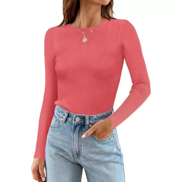imageZESICA Womens Long Sleeve Crewneck Tops 2024 Spring Fall Clothes Ribbed Knit Sweater Slim Fitted Casual Basic Tee ShirtsWatermelon