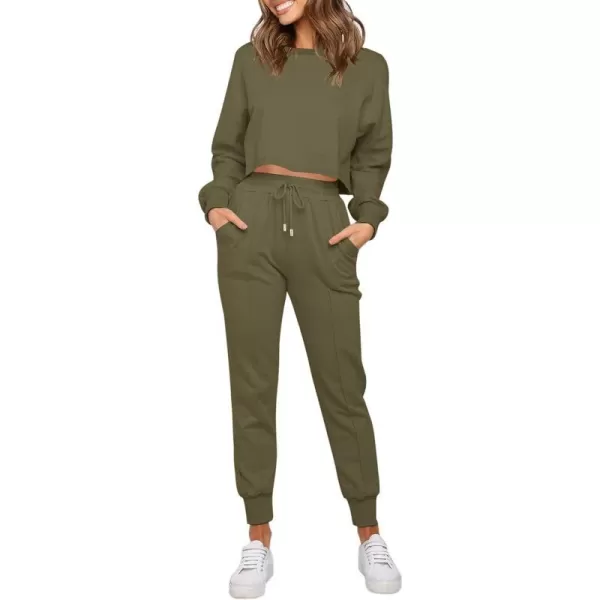 imageZESICA Womens Long Sleeve Crop Top and Pants Pajama Sets 2 Piece Jogger Long Sleepwear Loungewear Pjs SetsArmygreen
