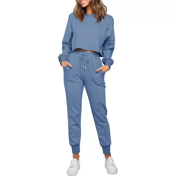 imageZESICA Womens Long Sleeve Crop Top and Pants Pajama Sets 2 Piece Jogger Long Sleepwear Loungewear Pjs SetsBlue