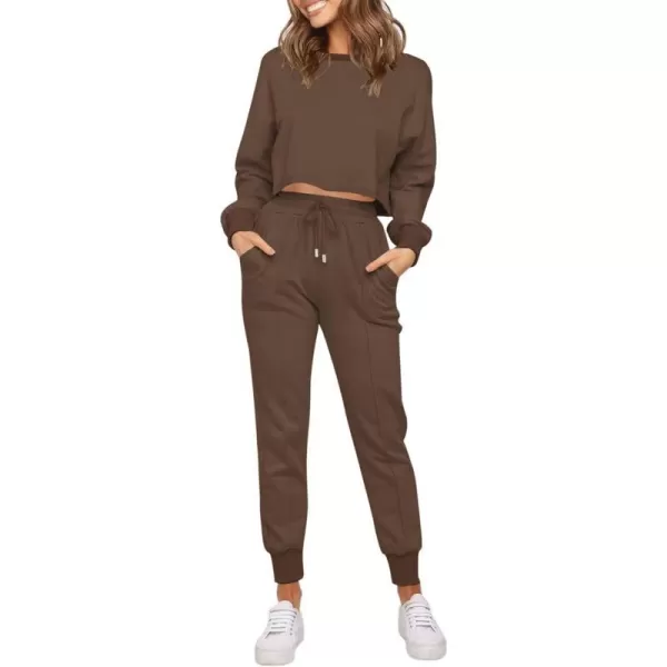 imageZESICA Womens Long Sleeve Crop Top and Pants Pajama Sets 2 Piece Jogger Long Sleepwear Loungewear Pjs SetsCoffee