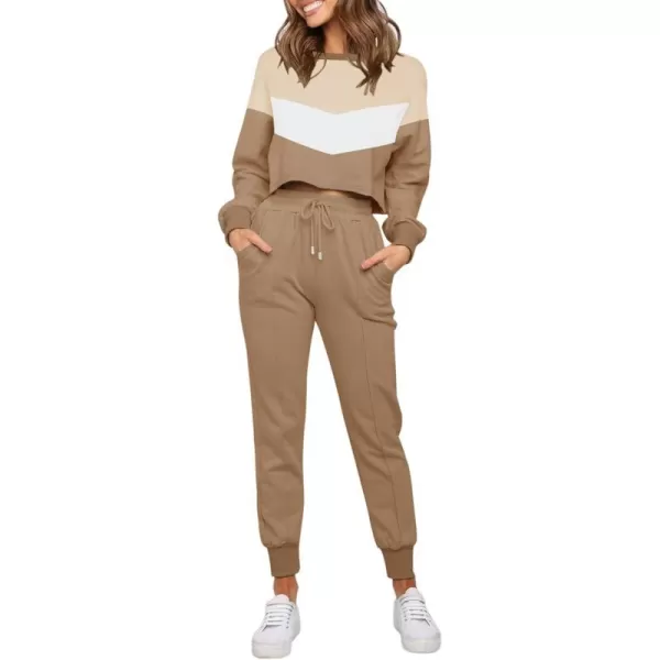imageZESICA Womens Long Sleeve Crop Top and Pants Pajama Sets 2 Piece Jogger Long Sleepwear Loungewear Pjs SetsContrastkhaki