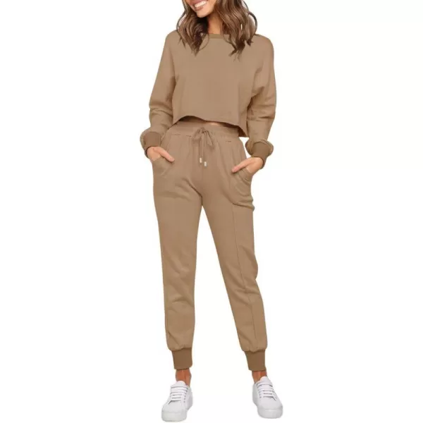 imageZESICA Womens Long Sleeve Crop Top and Pants Pajama Sets 2 Piece Jogger Long Sleepwear Loungewear Pjs SetsKhaki
