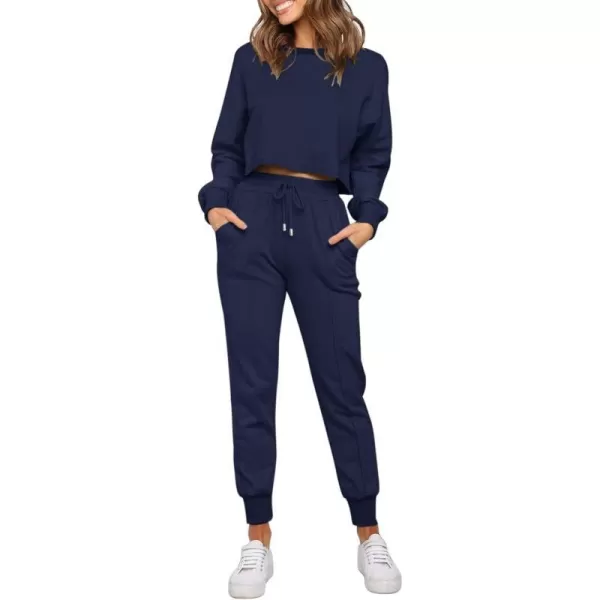 imageZESICA Womens Long Sleeve Crop Top and Pants Pajama Sets 2 Piece Jogger Long Sleepwear Loungewear Pjs SetsNavy