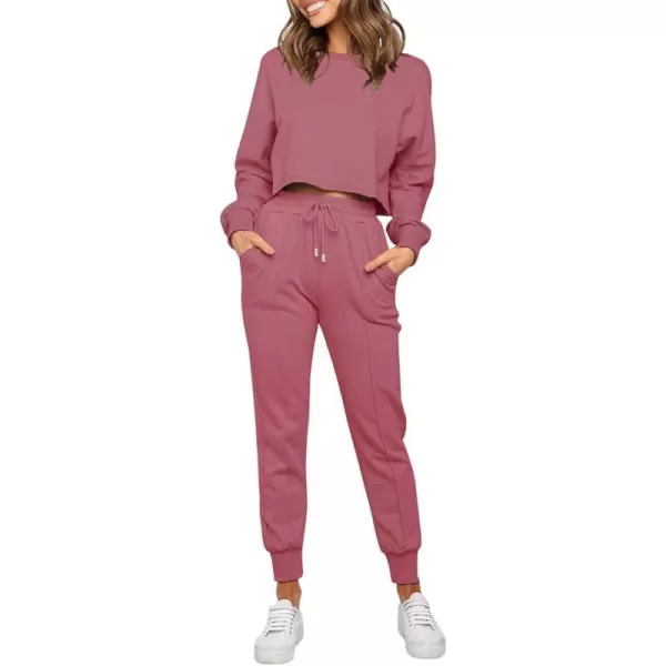 imageZESICA Womens Long Sleeve Crop Top and Pants Pajama Sets 2 Piece Jogger Long Sleepwear Loungewear Pjs SetsRosy