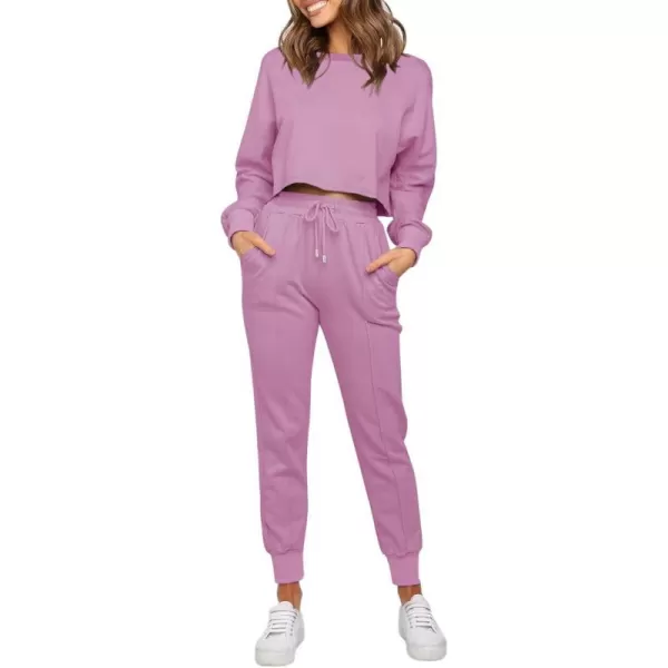imageZESICA Womens Long Sleeve Crop Top and Pants Pajama Sets 2 Piece Jogger Long Sleepwear Loungewear Pjs SetsRosypurple