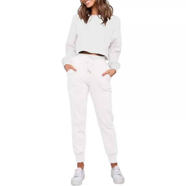 imageZESICA Womens Long Sleeve Crop Top and Pants Pajama Sets 2 Piece Jogger Long Sleepwear Loungewear Pjs SetsWhite