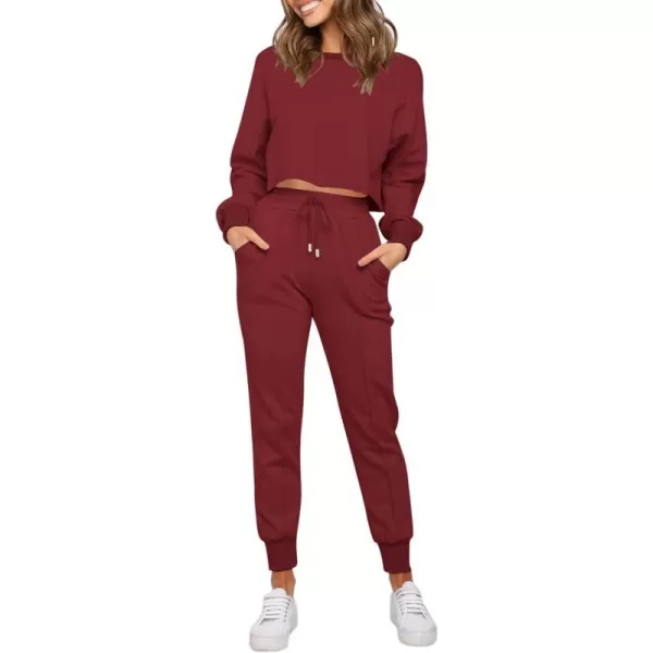 imageZESICA Womens Long Sleeve Crop Top and Pants Pajama Sets 2 Piece Jogger Long Sleepwear Loungewear Pjs SetsWine